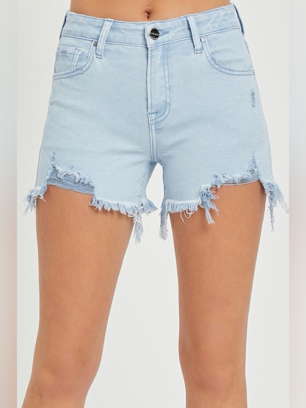 Frayed Hem Light Blue High-Rise Denim Shorts - Women's